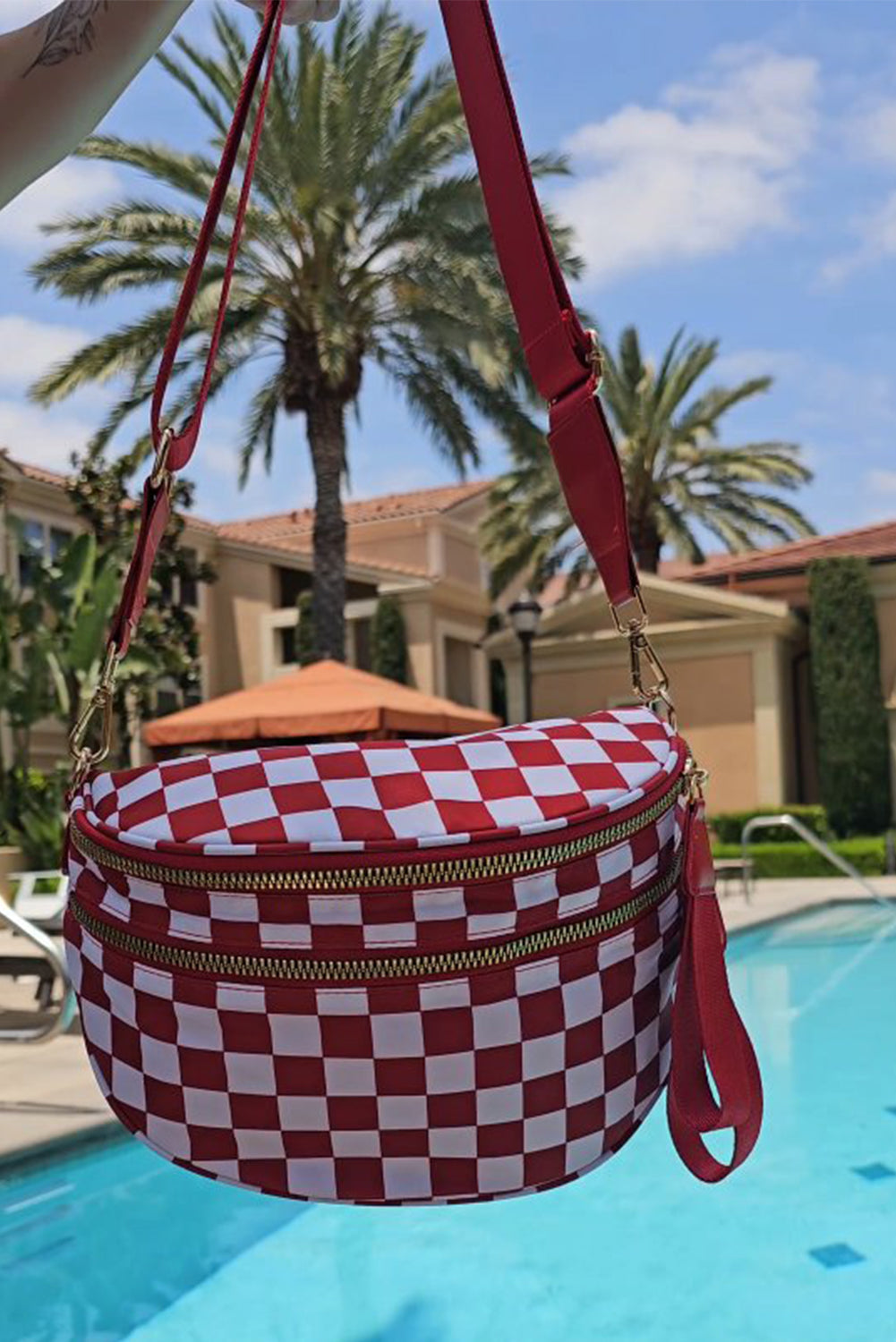 Pink Checkered Print Wide Strap Large Crossbody Bag