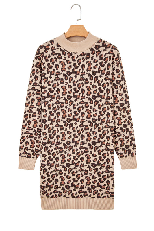 Khaki Leopard Print High Neck Shift Mini Sweater Dress