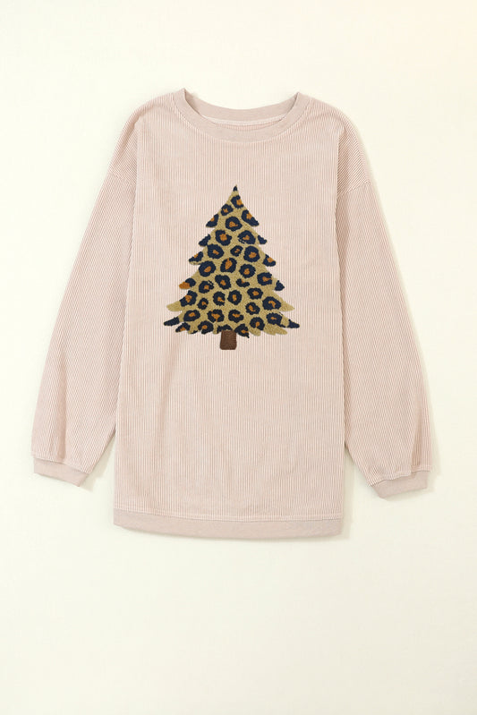 Apricot Leopard Christmas Tree Terry Flocking Corded Sweatshirt