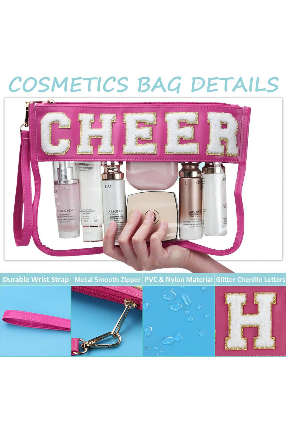 Bright Pink CHEER Chenille Letter Zipper Varsity Clear Makeup Bag