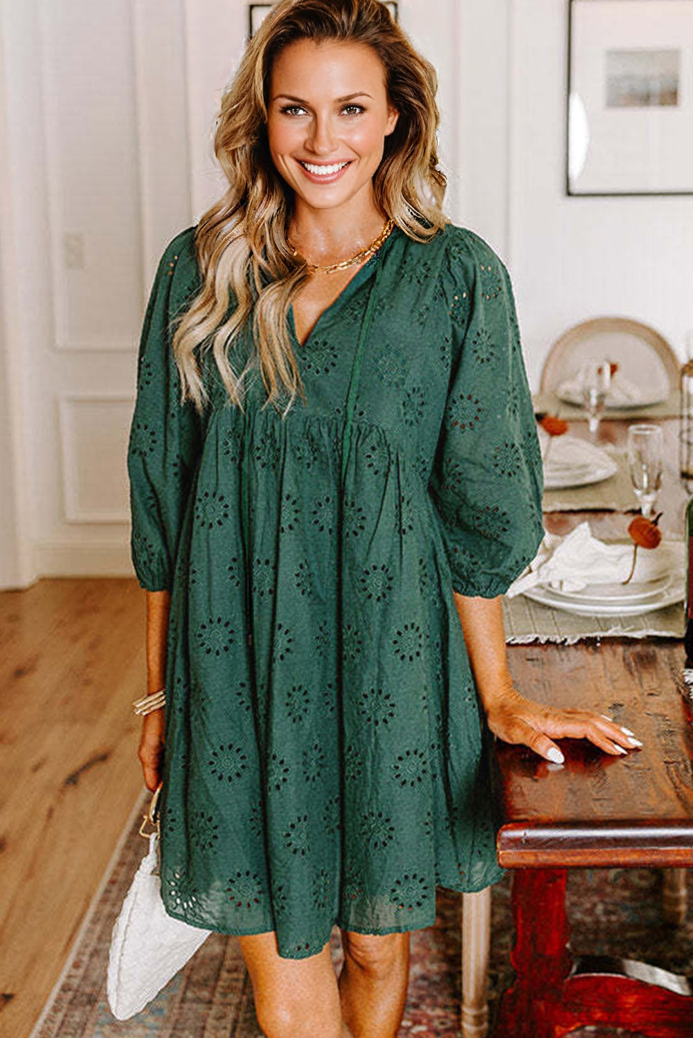 Blackish Green Embroidered Eyelet Pattern Puff Sleeve Mini Dress