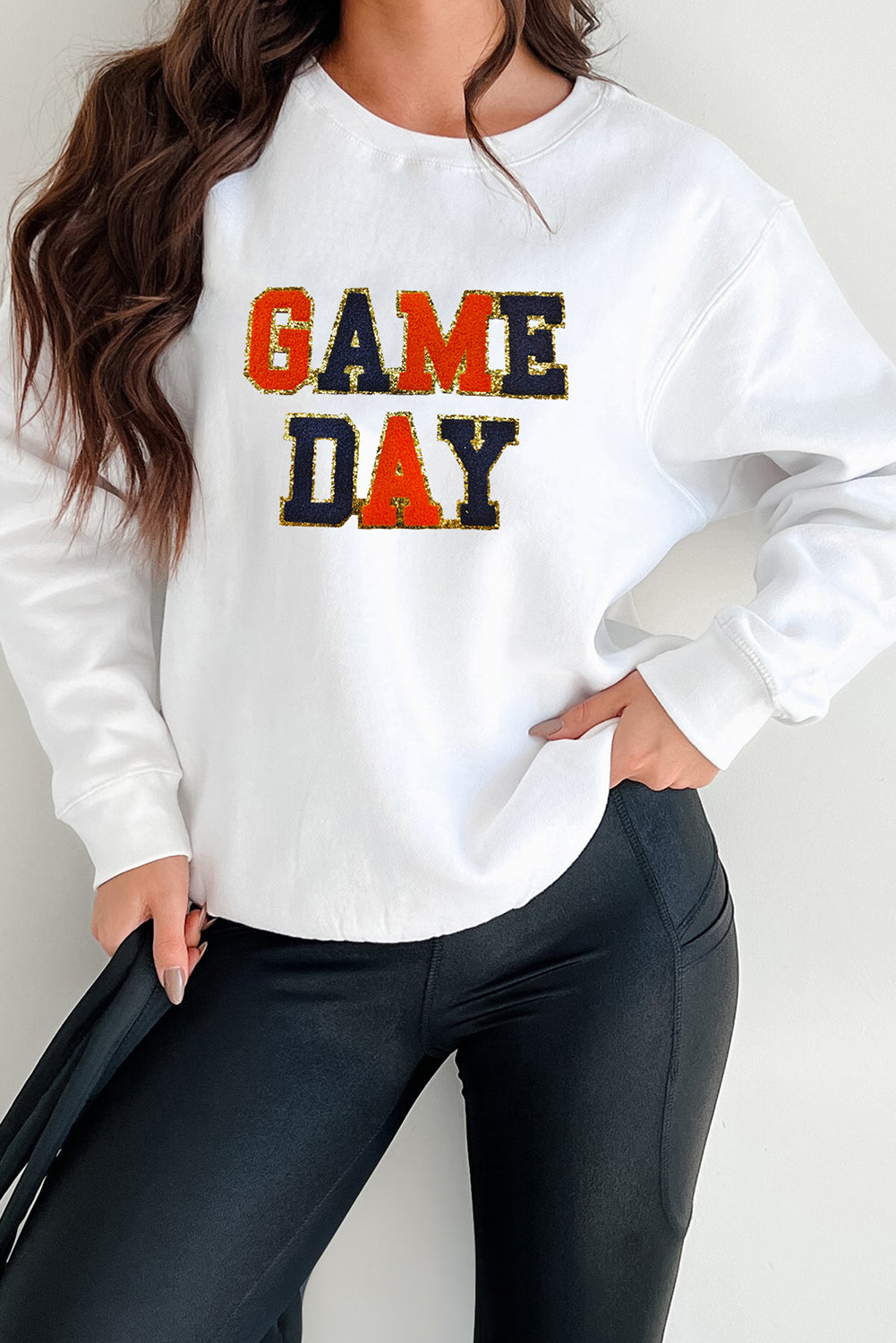 White Chenille GAME DAY Letter Terry Flocking Round Neck Sweatshirt