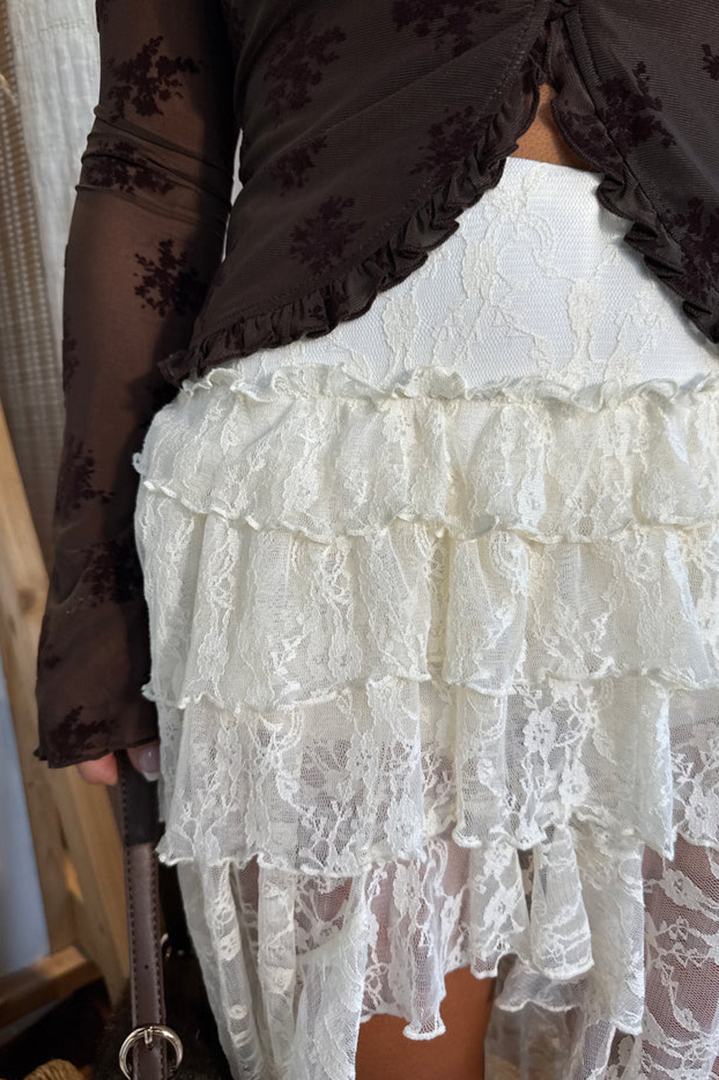 White Sheer Lace Overlay Frilly Ruffle Split Long Skirt