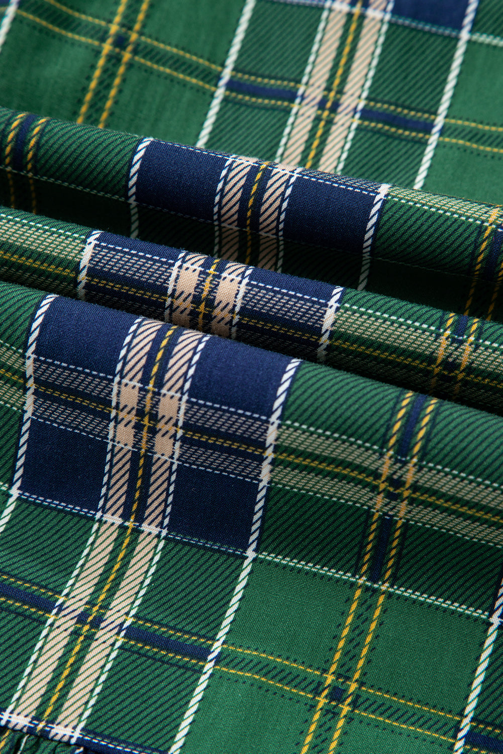 Green Plaid Print Frill Neck Long Sleeve Mini Dress