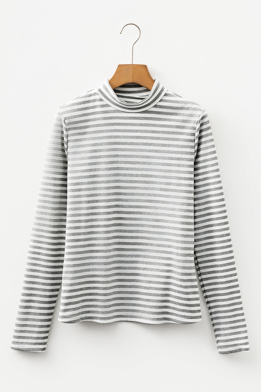 Gray Stripe Ribbed High Neck Slim Fit Long Sleeve Top
