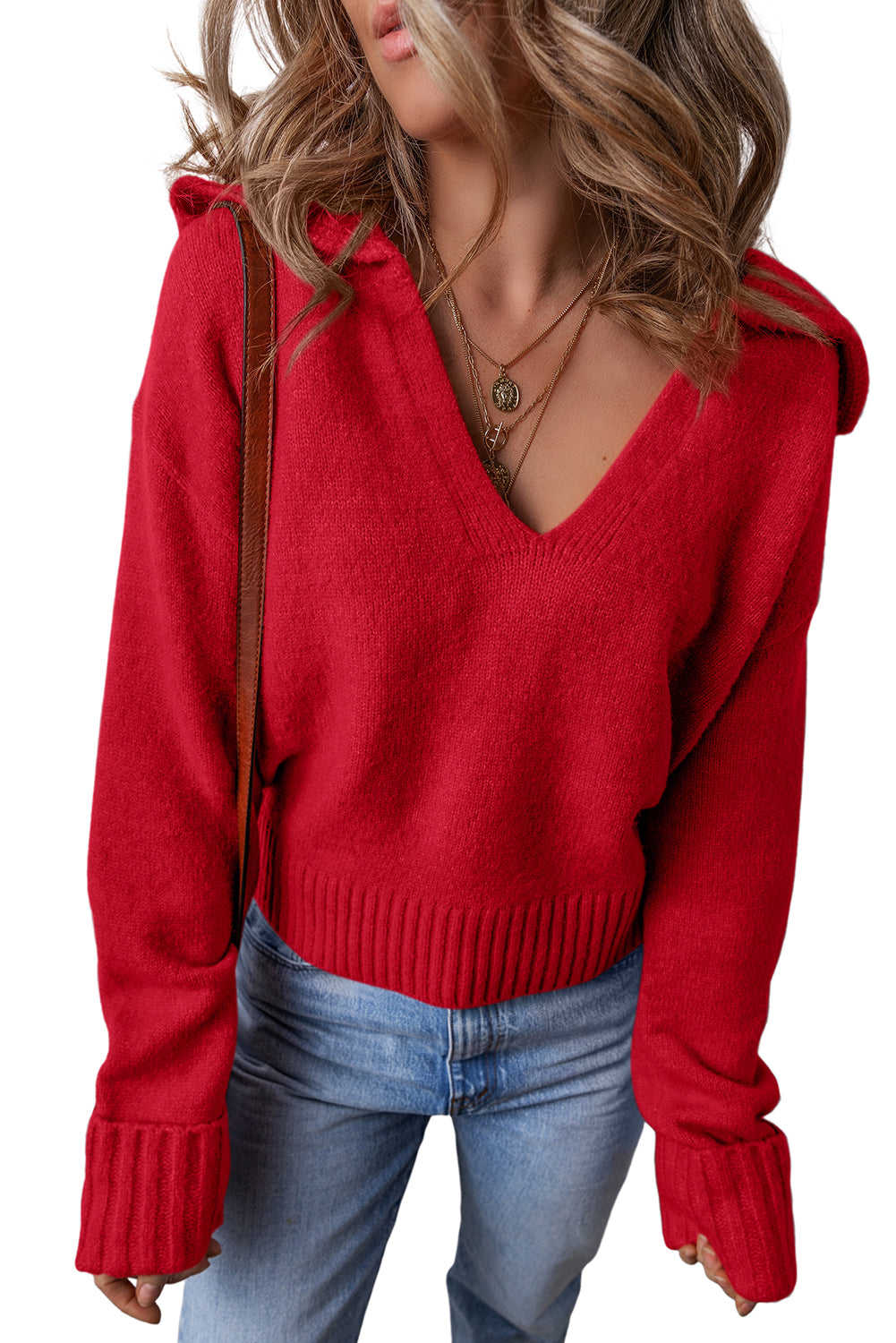 Flamingo Ribbed Edge Collared V Neck Loose Fit Sweater