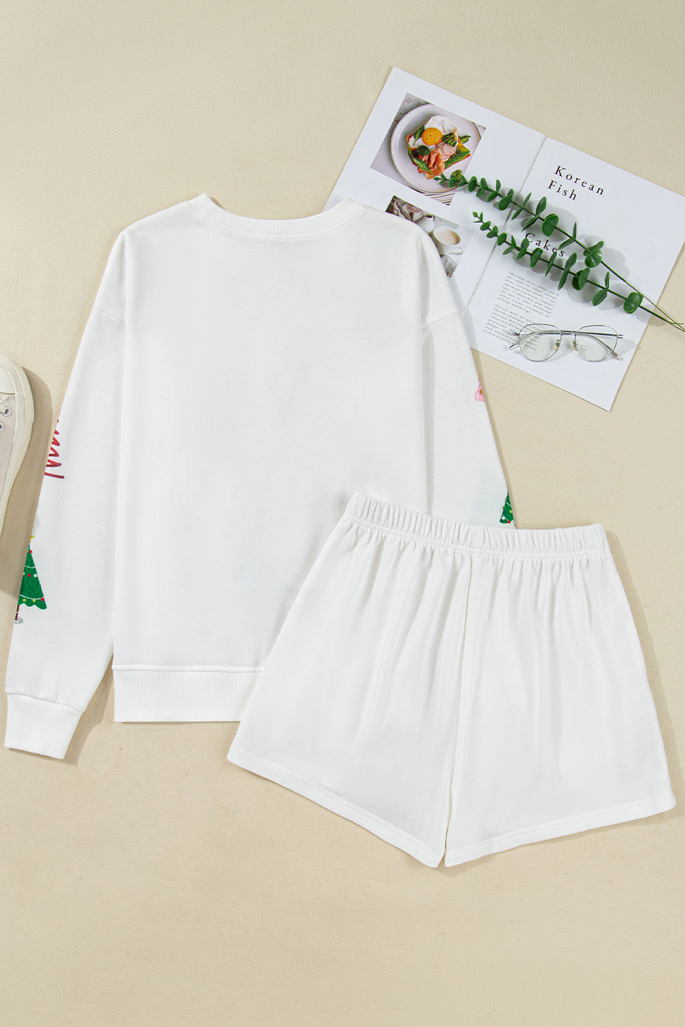 White Christmas Tree Long Sleeve Top and Shorts Pajama Set