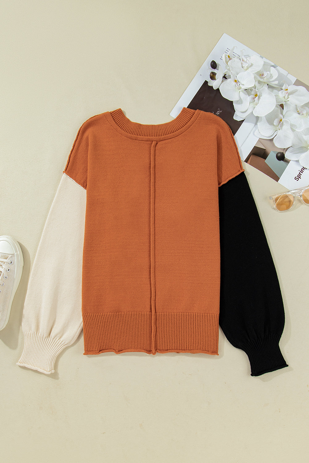 Desert Gold Colorblock Raw Edge Bubble Sleeve V Neck Sweater