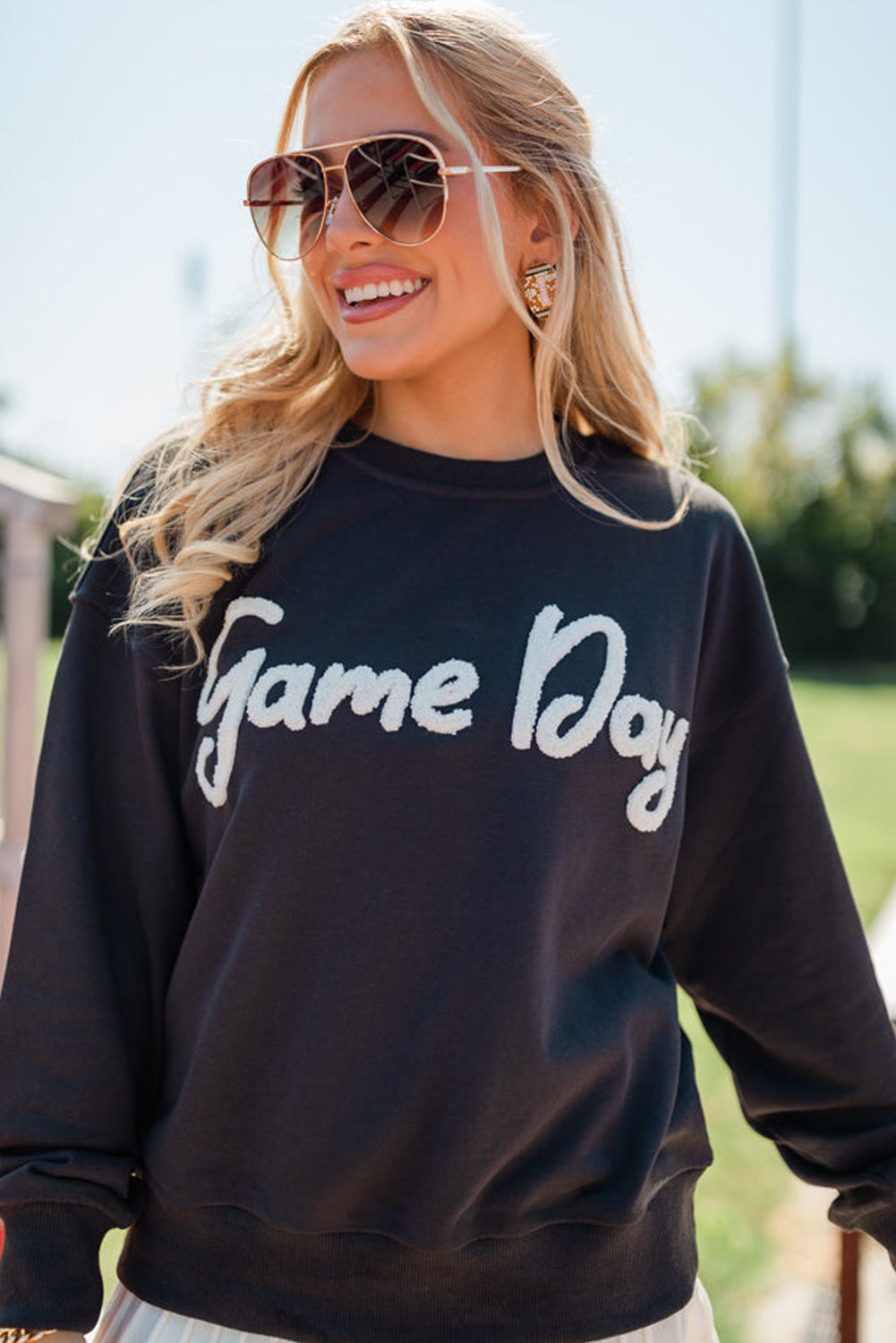 Black Chenille Game Day Letter Patched Drop Shoulder Sweatshirt