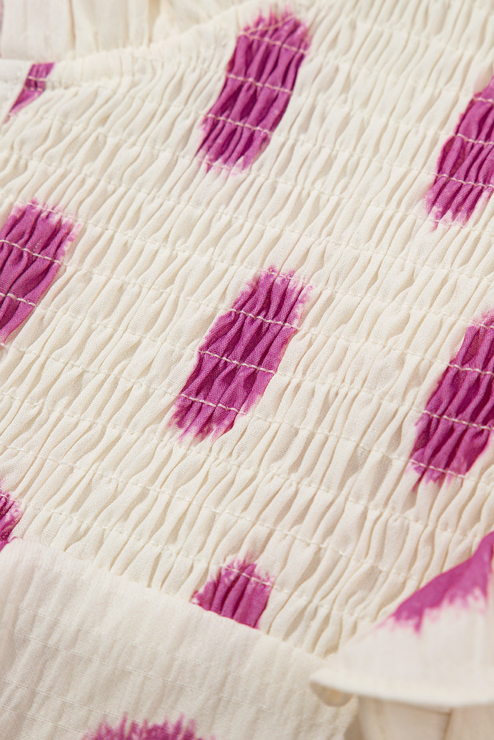 Rose Polka Dot Print Shirred Notched Neck Puff Sleeve Blouse