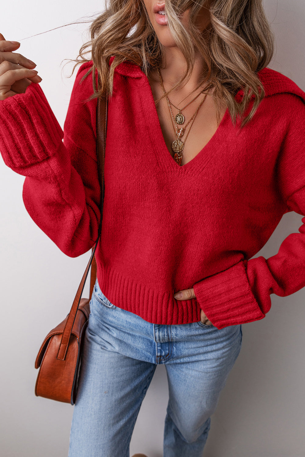 Flamingo Ribbed Edge Collared V Neck Loose Fit Sweater