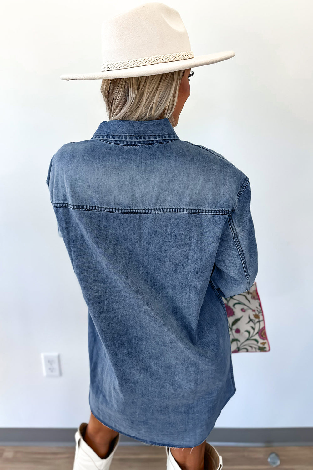 Medium Grey Chest Pocket Raw Hem Denim Loose Shirt Dress