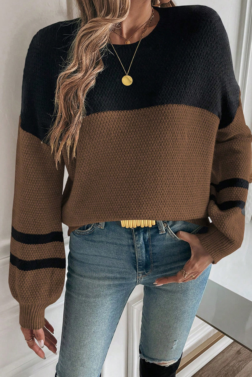 Dark Brown Colorblock Striped Sleeve Detail Knit Sweater