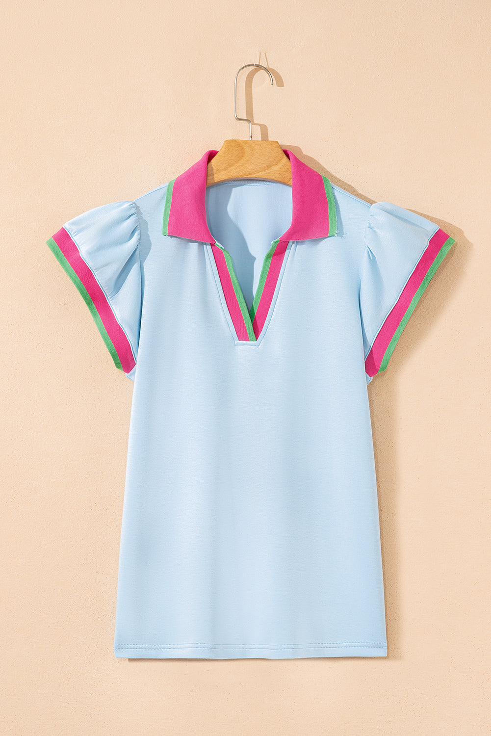 Beau Blue Pop of Color Collared V Neck Ruffle Sleeve Blouse