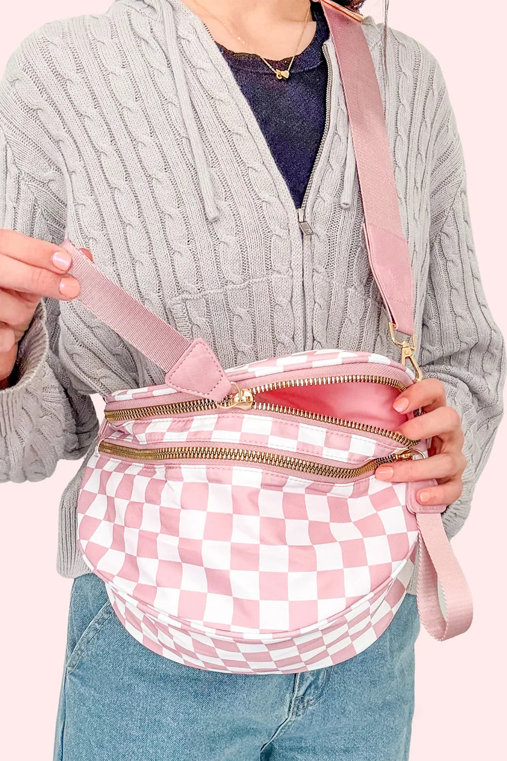 Pink Checkered Print Wide Strap Large Crossbody Bag
