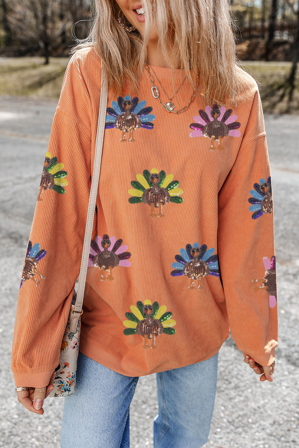 Orange Turkey Graphic Sequins Patch Corded Baggy Sweatshirt
