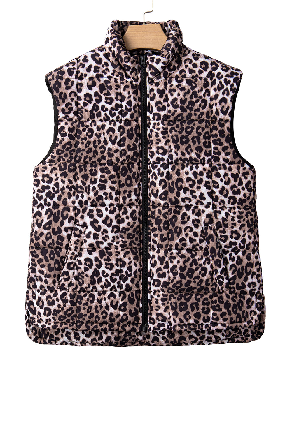 Brown Leopard Quilted Full Zipper Casual Puff Vest