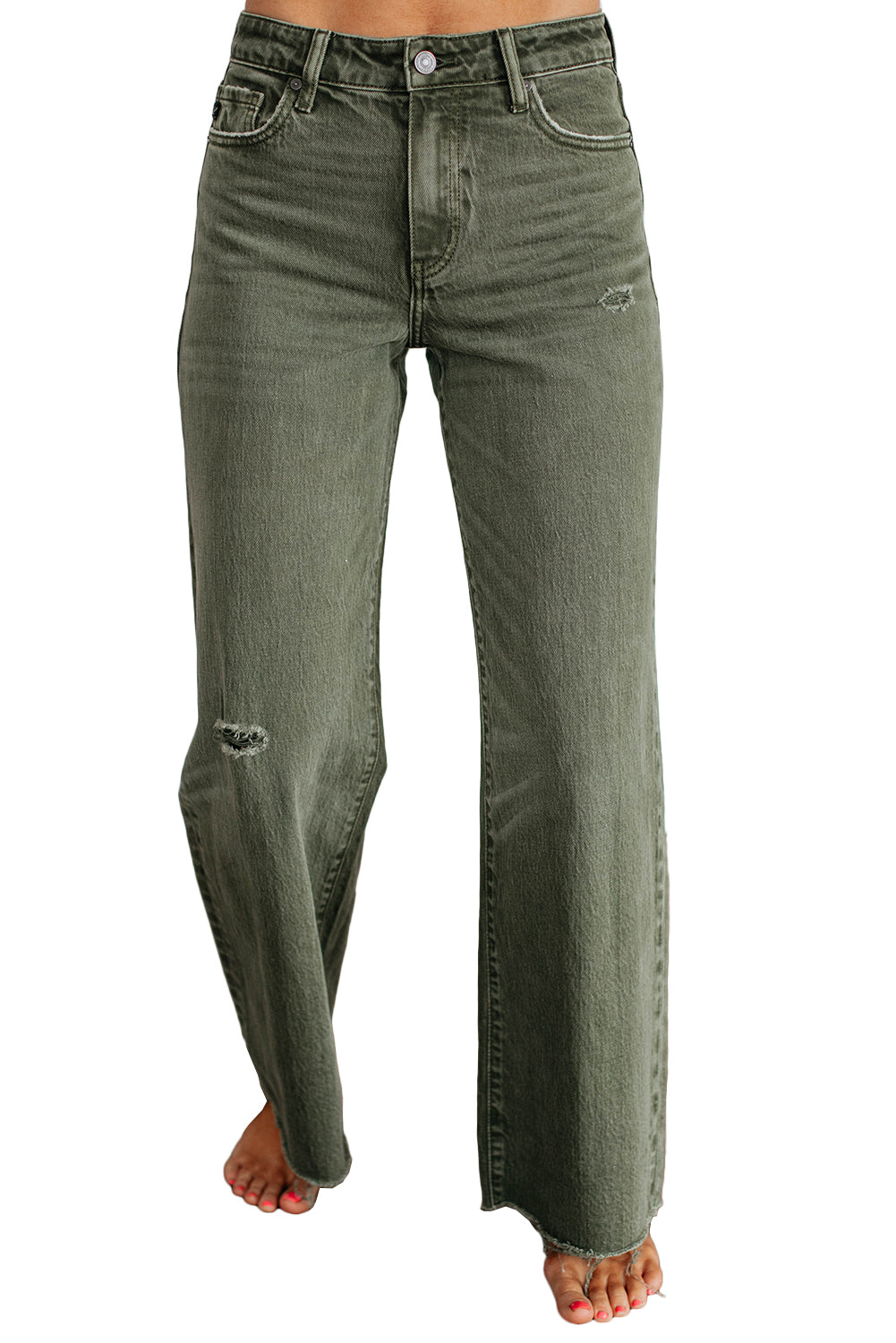 Green Slight Distressed Raw Edge Wide Leg Jeans