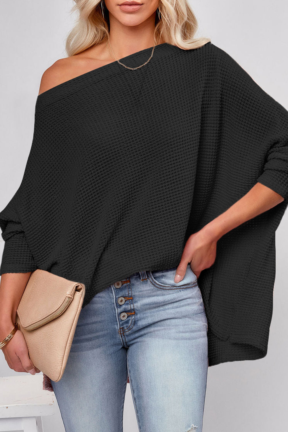 Black Waffle One Shoulder Long Sleeve Knit Top