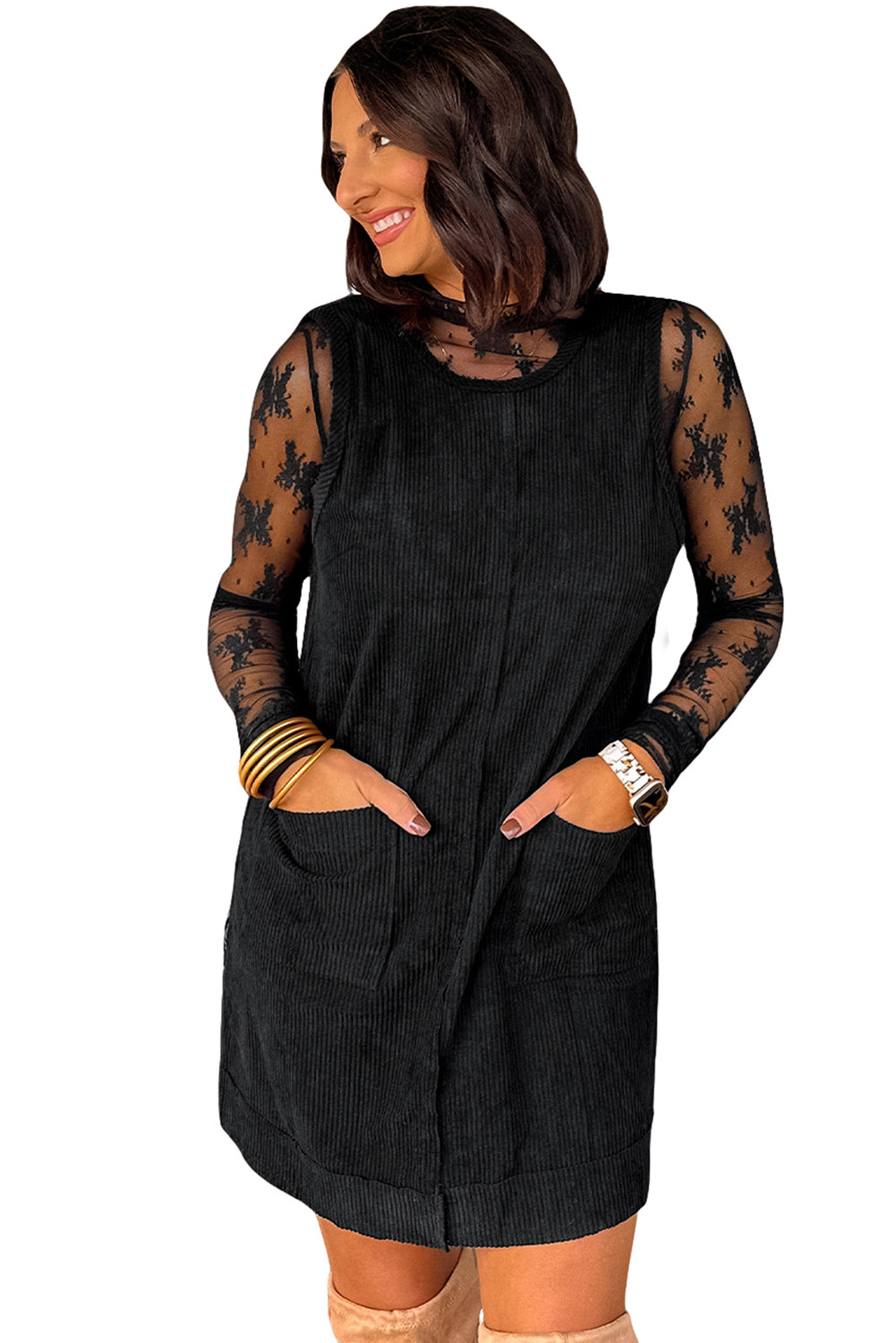 Black Corduroy Exposed Seam Sleeveless Mini Dress