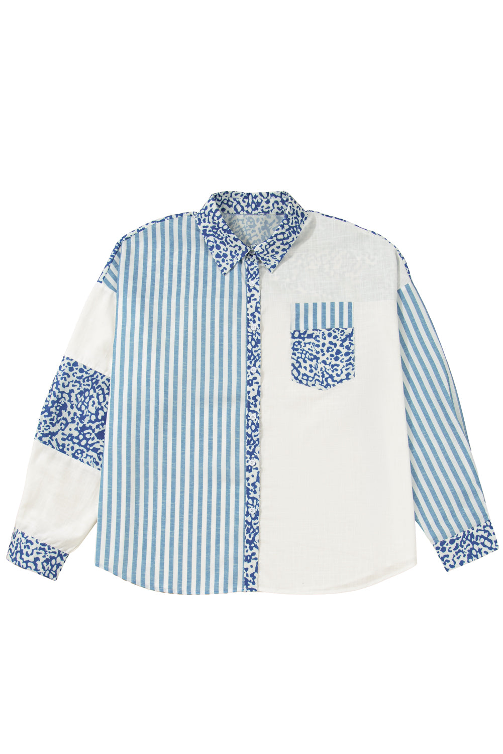 Sky Blue Leopard Striped Patchwork Casual Plus Shirt