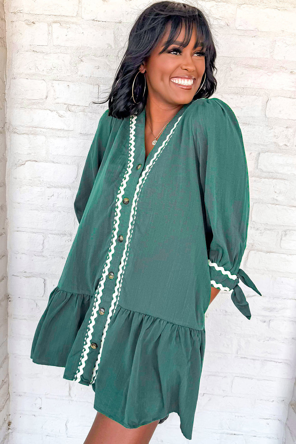 Canton Contrast Ricrac Trim Button V Neck Knotted Bracelet Sleeve Dress