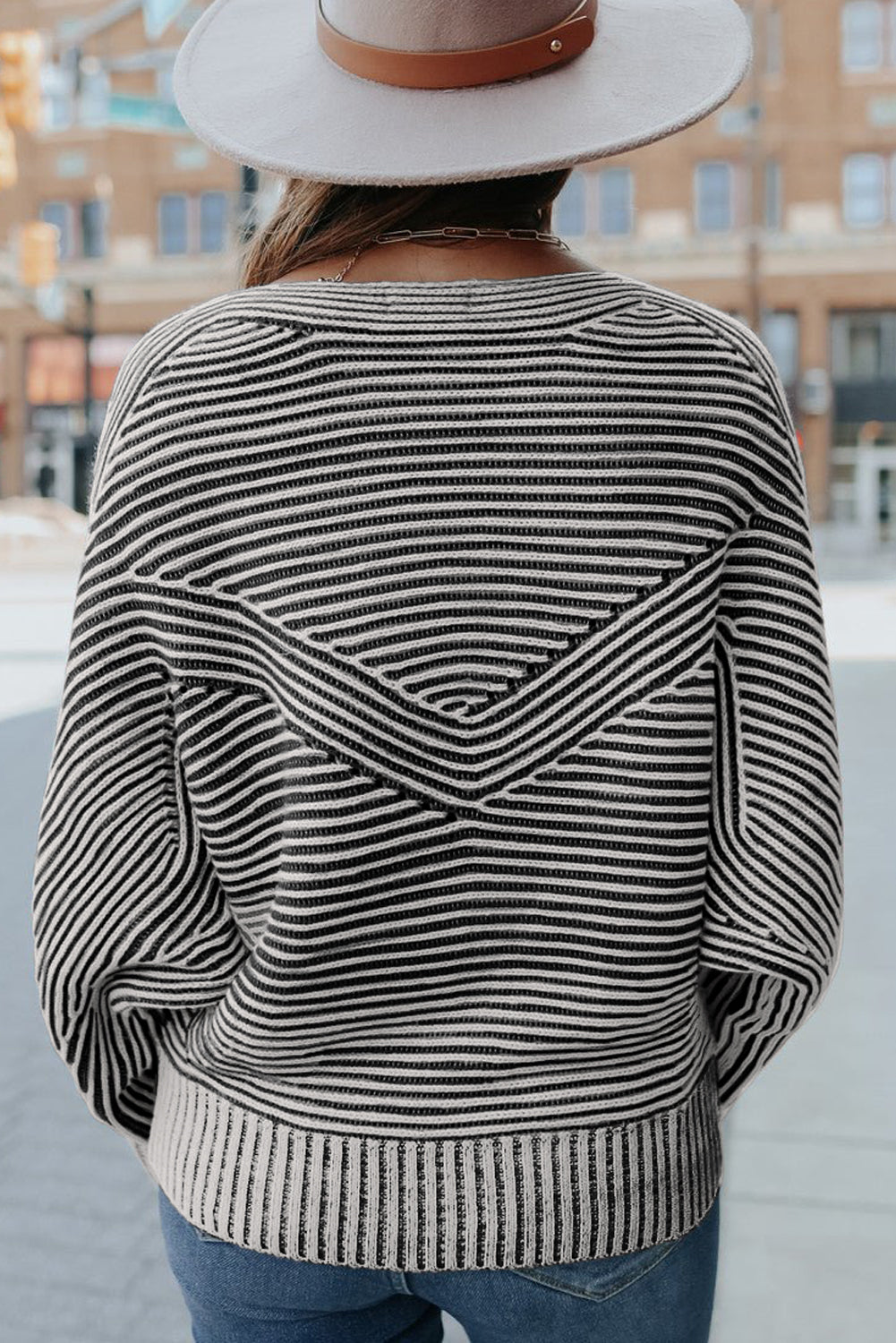 Black Striped Print Ribbed Knit Raglan Sleeve Baggy Sweater