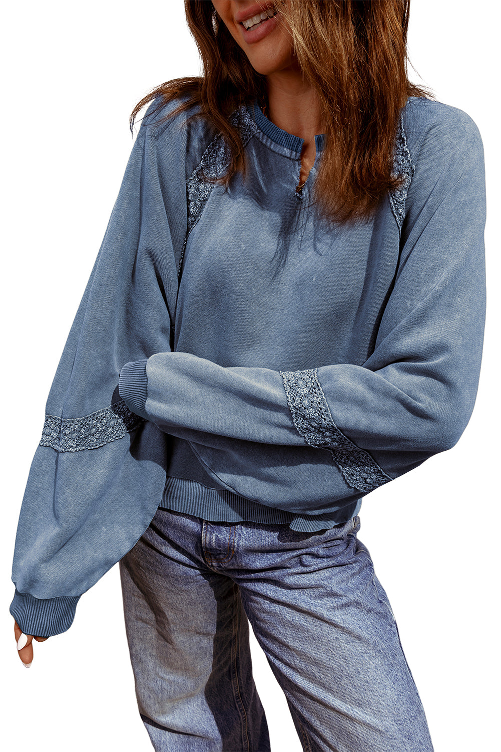 Sail Blue Lace Applique Notched Neck Mineral Wash Baggy Sweatshirt