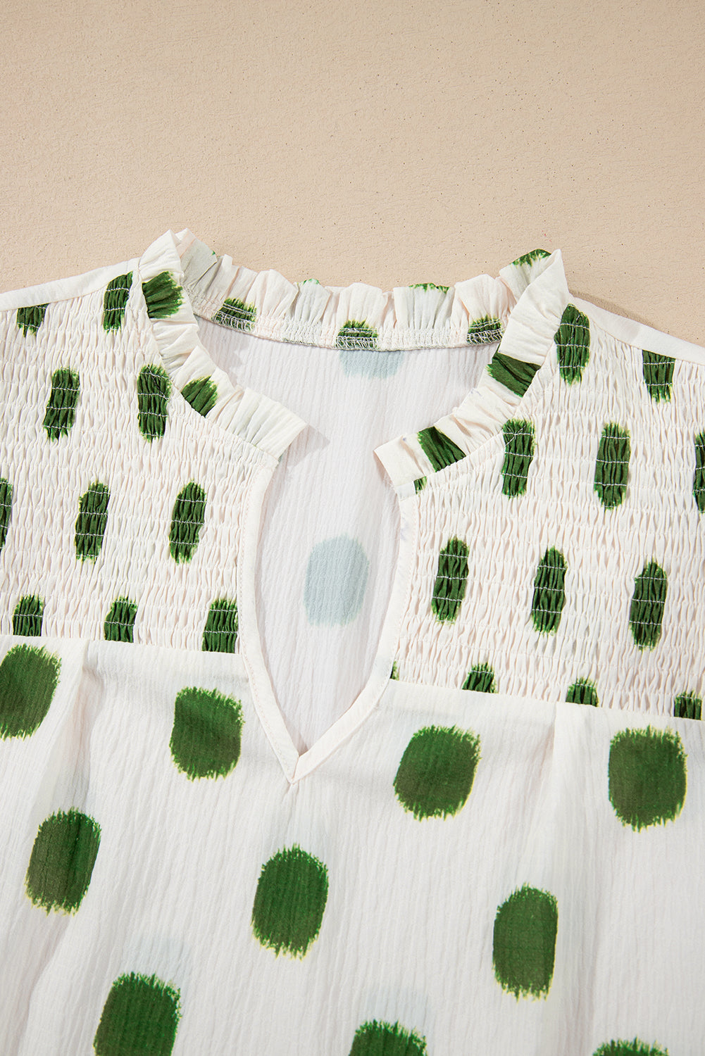 Rose Polka Dot Print Shirred Notched Neck Puff Sleeve Blouse