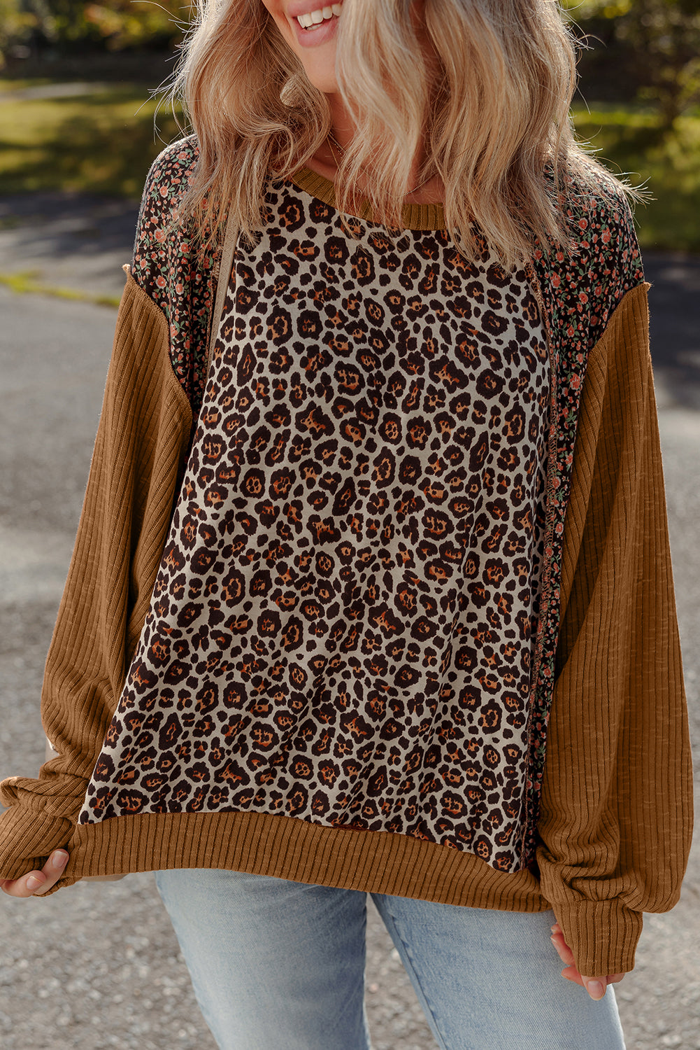 Brown Leopard Floral Print Ribbed Patchwork Puff Sleeve Loose Pullover