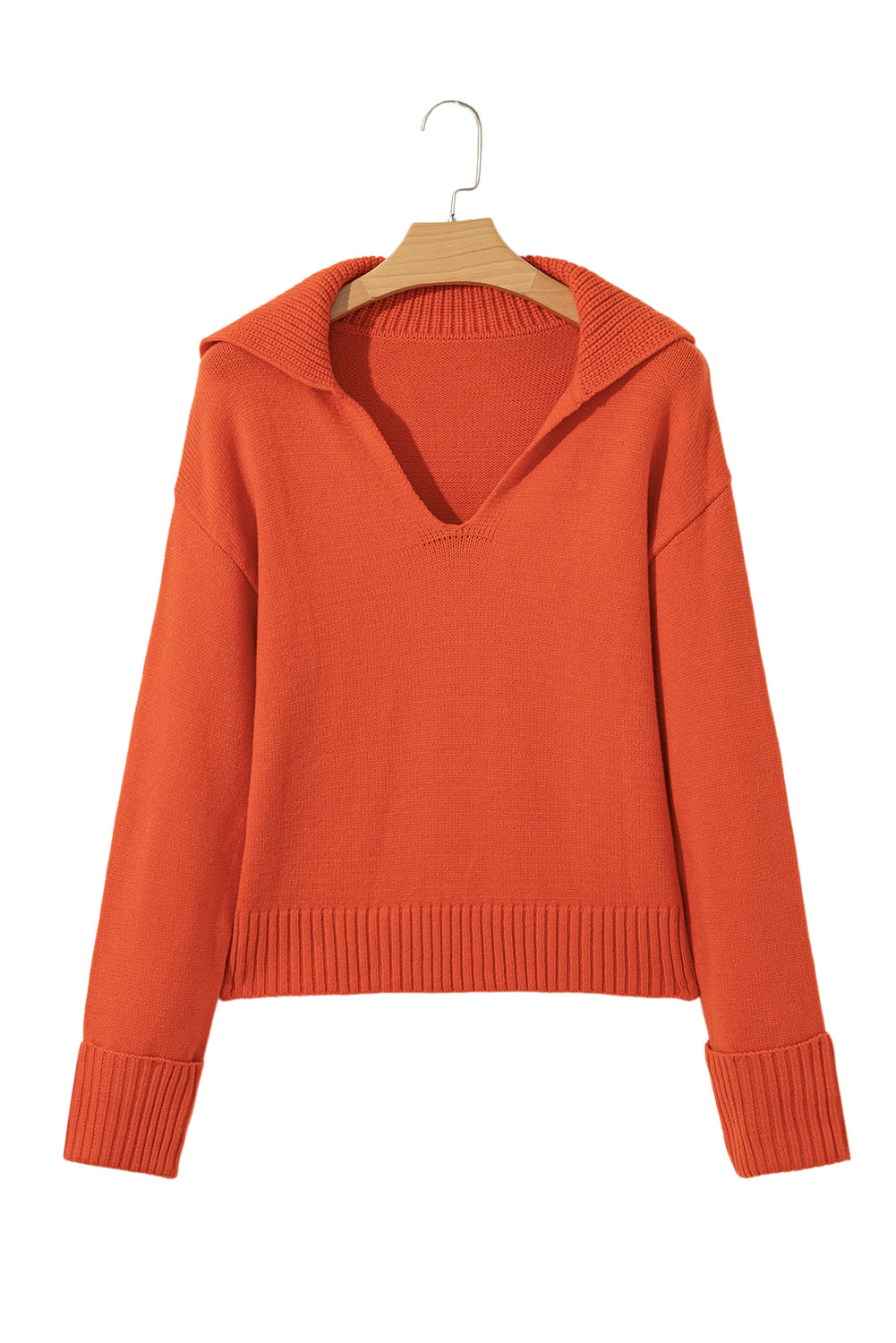 Flamingo Ribbed Edge Collared V Neck Loose Fit Sweater