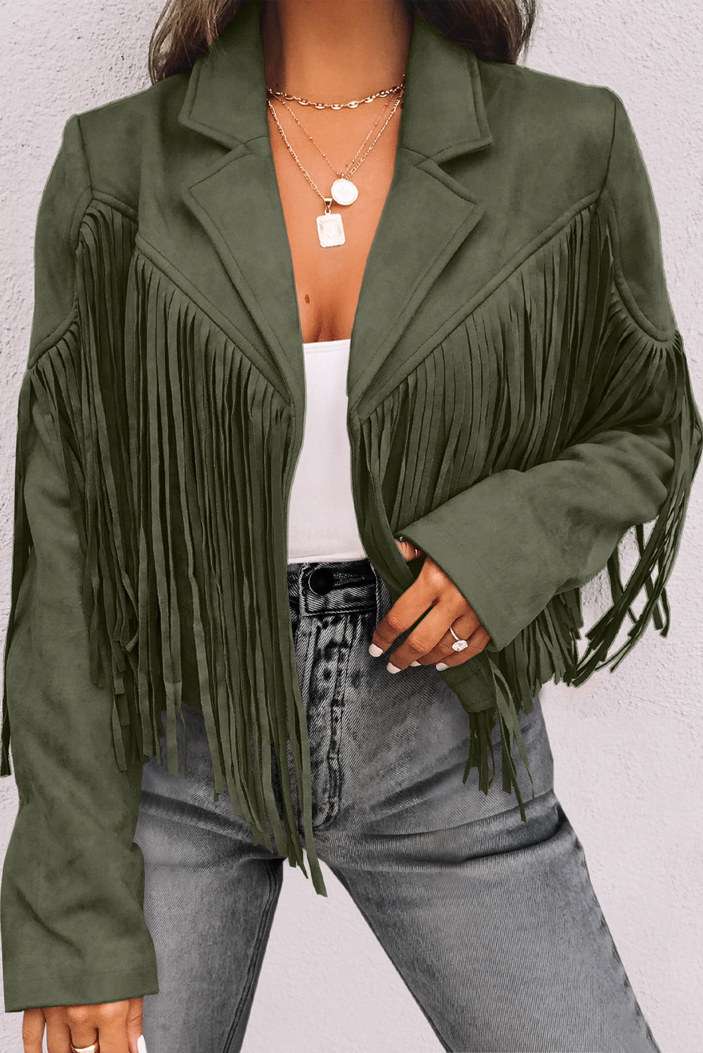 Gray Cropped Fringe Faux Suede Jacket