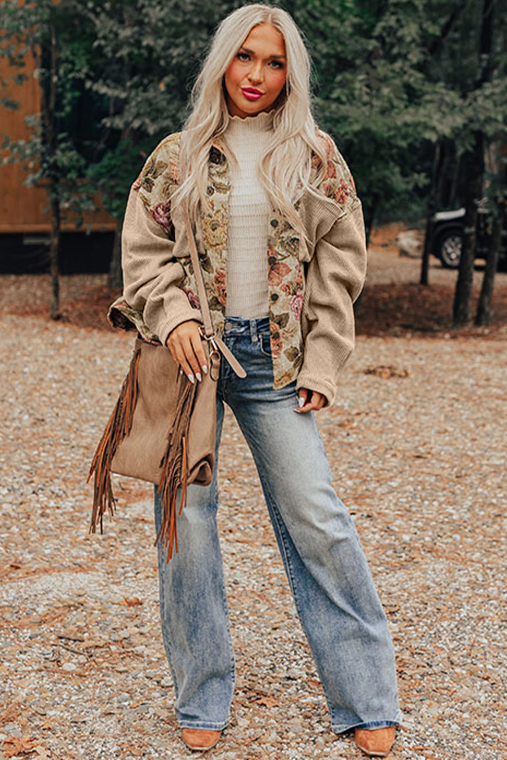 Khaki Floral Waffle Knit Patchwork Chest Pockets Buttoned Jacket