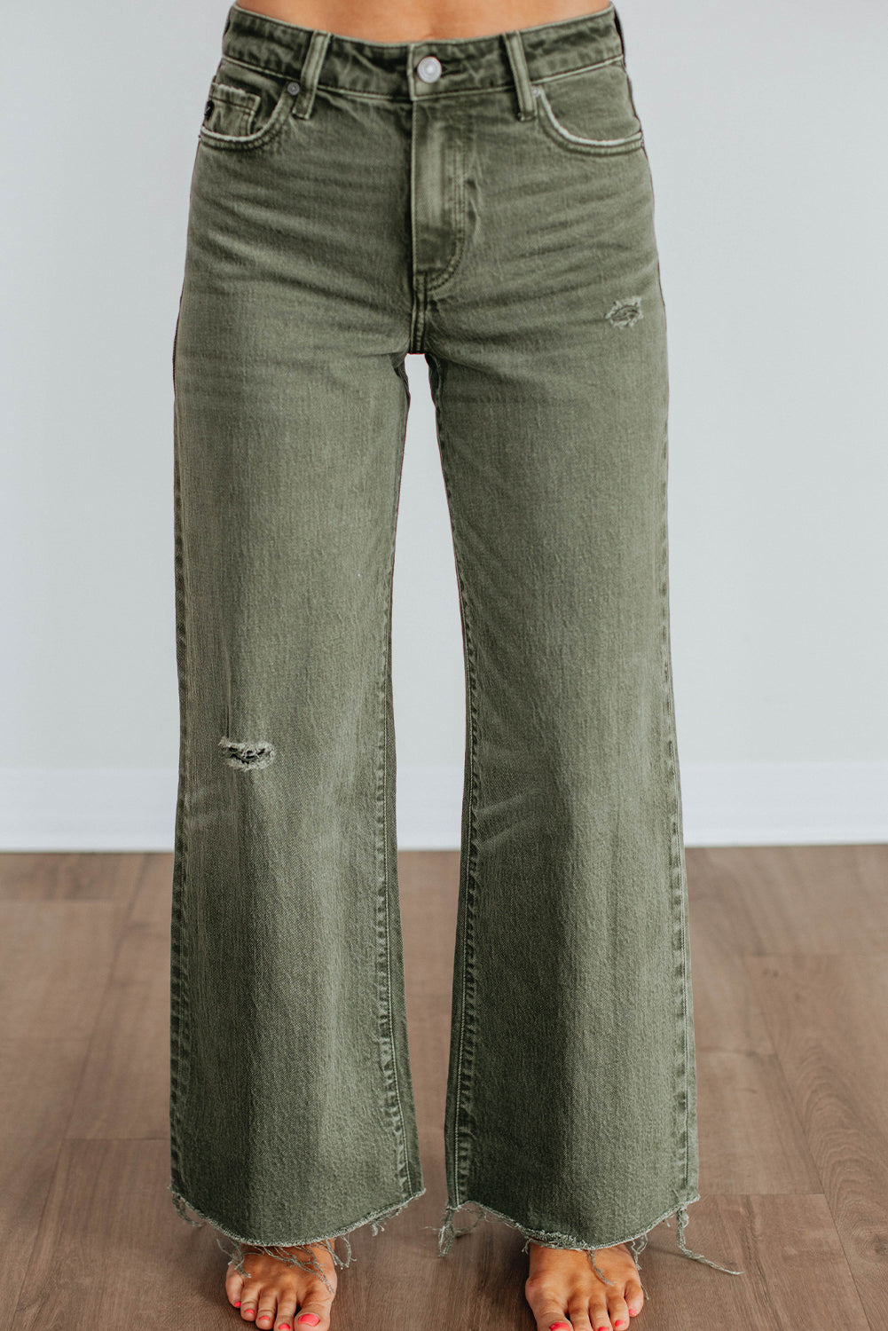 Green Slight Distressed Raw Edge Wide Leg Jeans