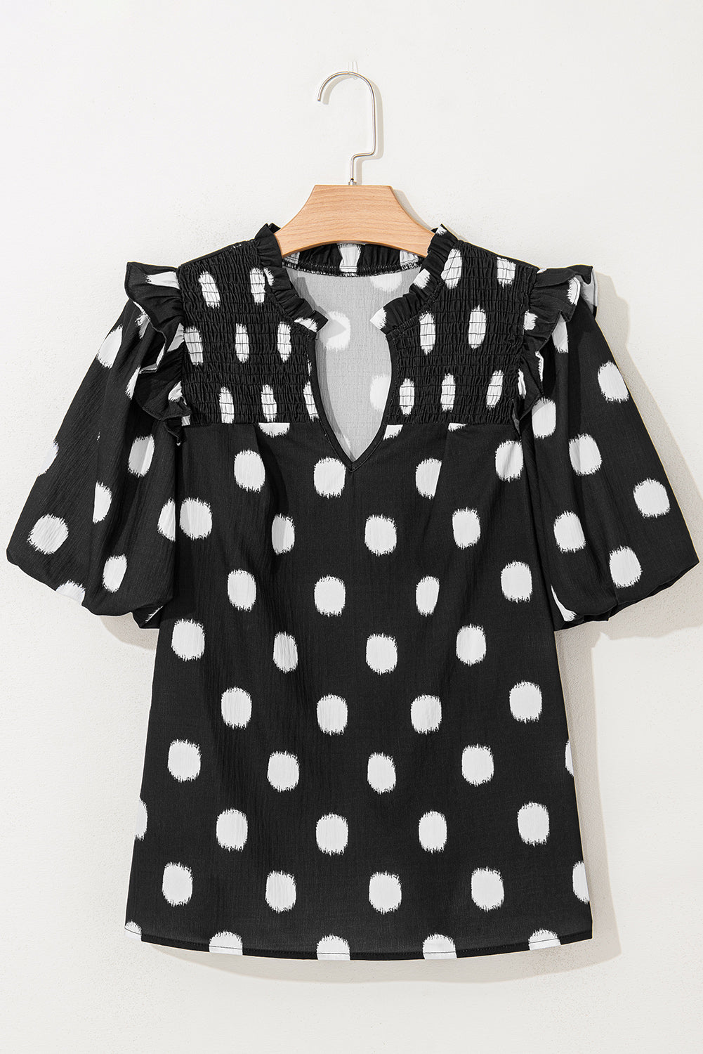 Rose Polka Dot Print Shirred Notched Neck Puff Sleeve Blouse