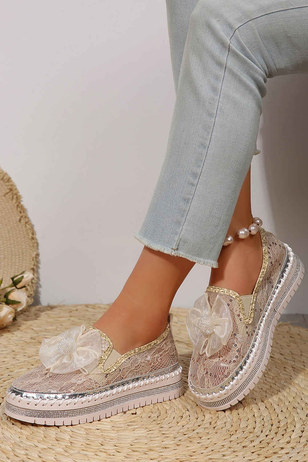 White Sequin Bow Thick Sole Casual Shoes