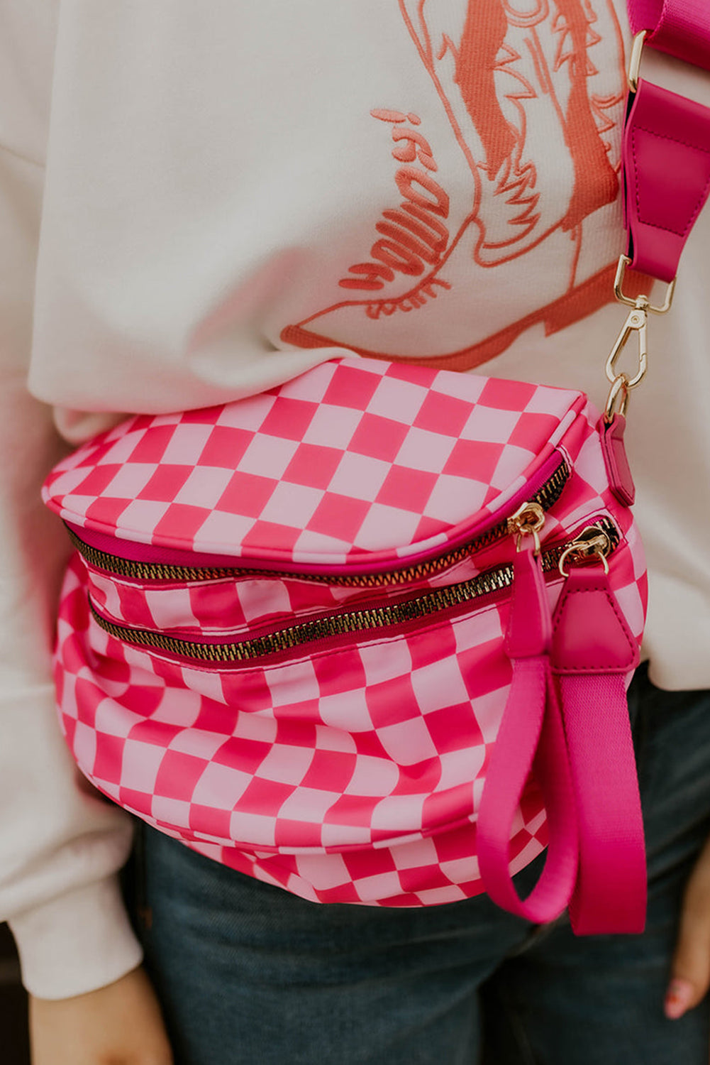 Pink Checkered Print Wide Strap Large Crossbody Bag
