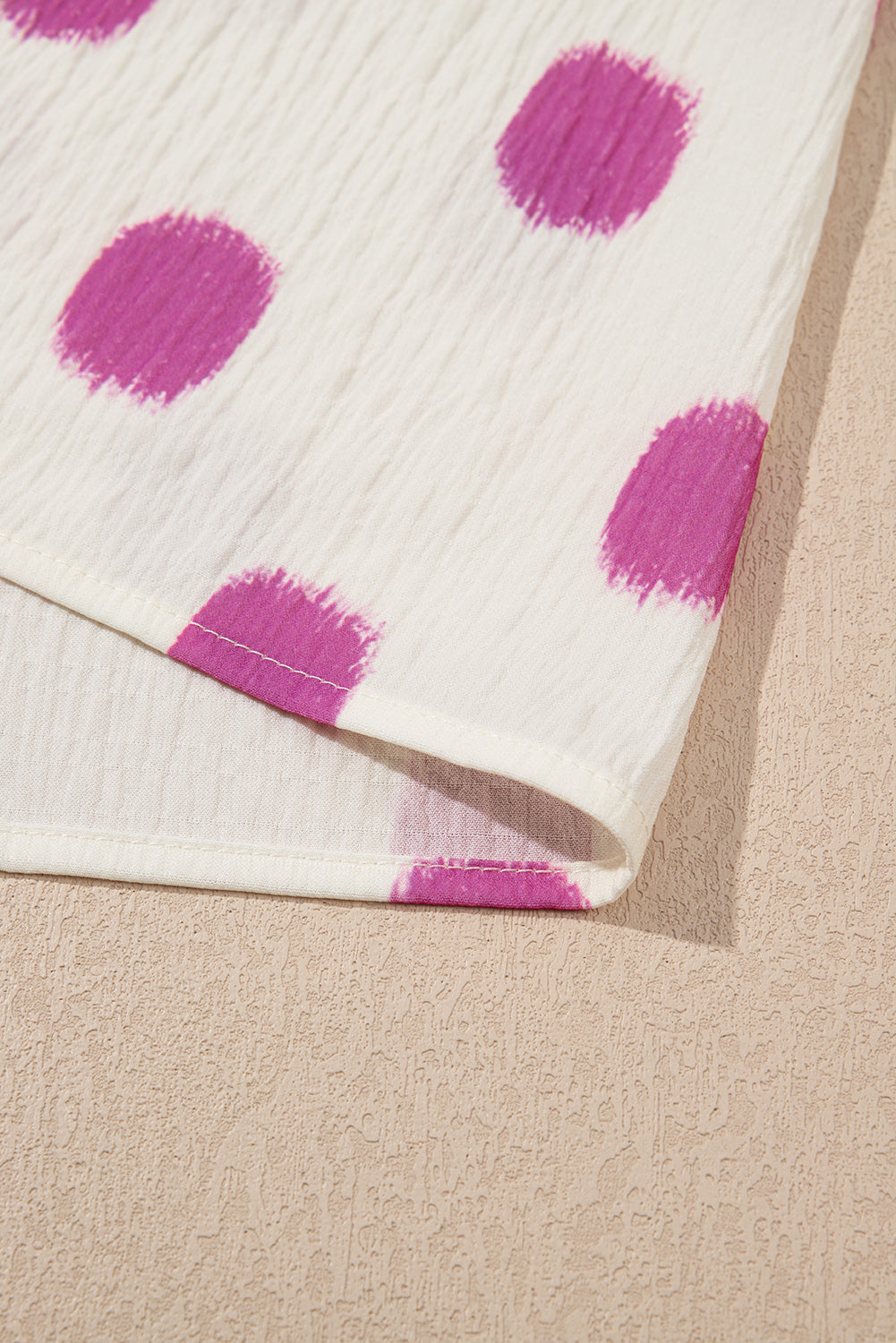 Rose Polka Dot Print Shirred Notched Neck Puff Sleeve Blouse