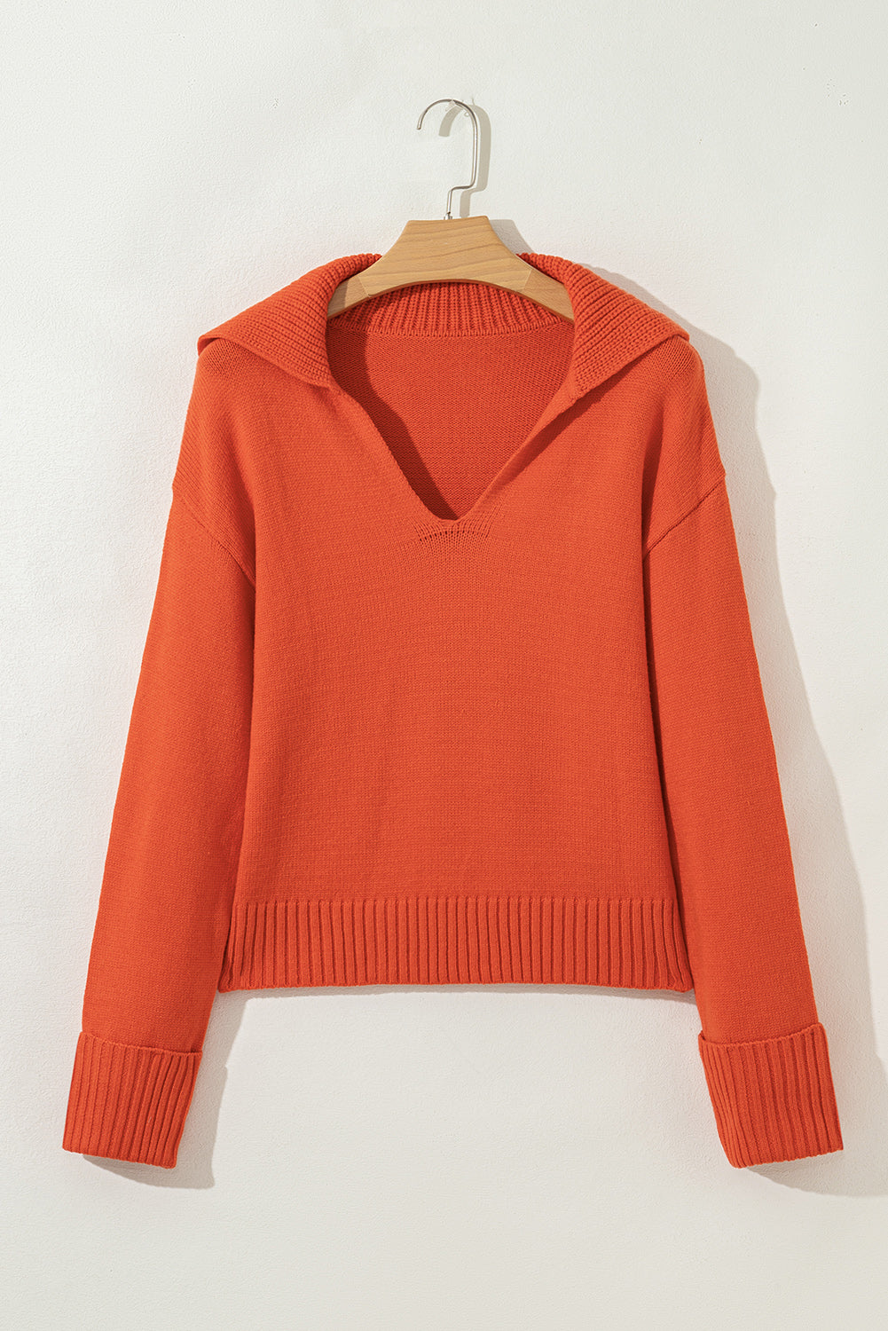 Flamingo Ribbed Edge Collared V Neck Loose Fit Sweater