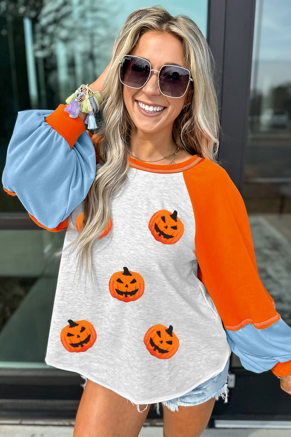 Light Grey Chenille Halloween Pumpkin Terry Flocking Long Sleeve Top