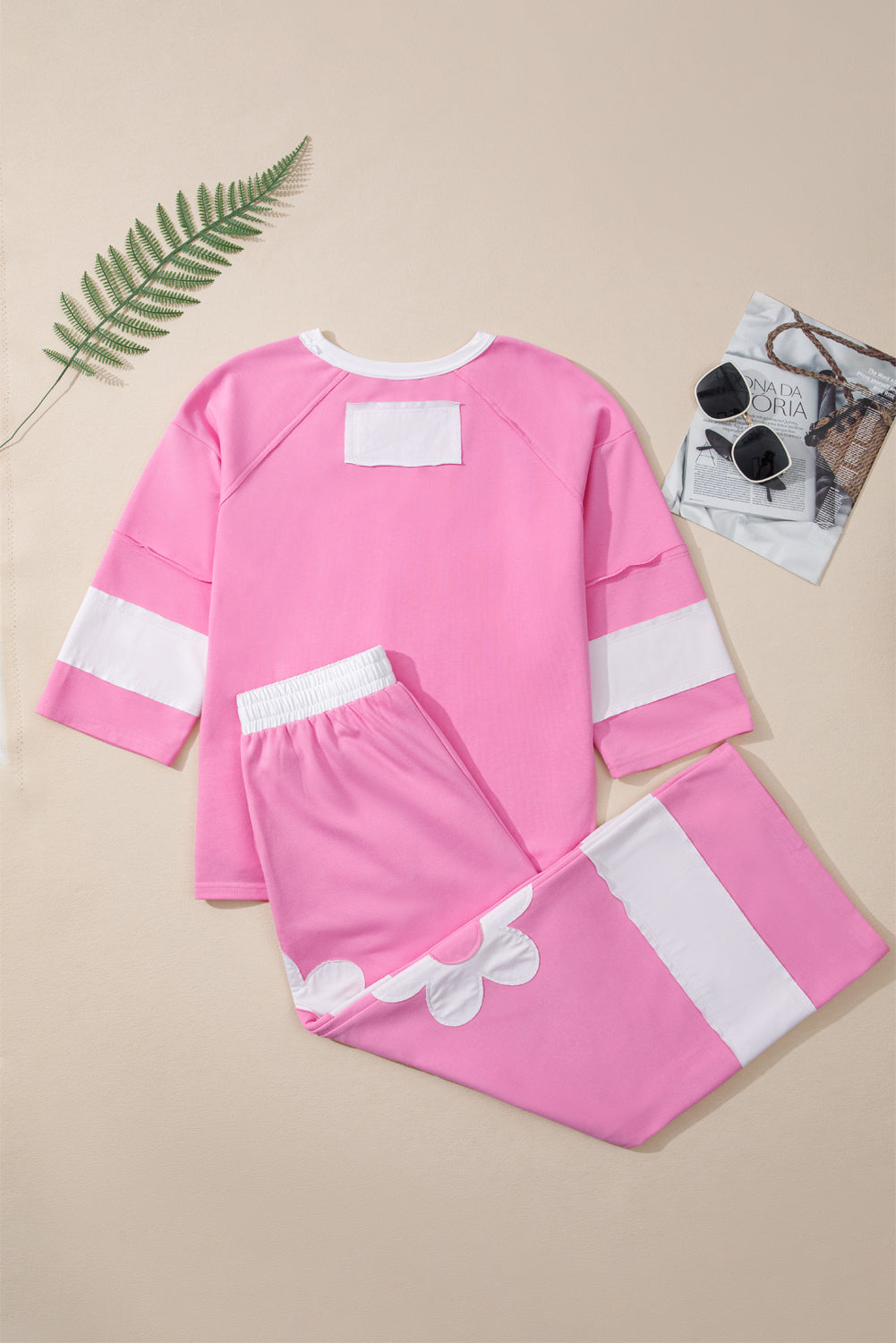 Orchid Bouquet Flower Patched Raw Seam Colorblock Loose Pants Set