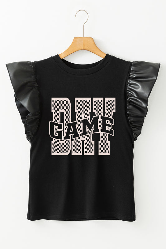 Black GAME DAY Checkered Letter Heat Transfer Printing Ruffle Sleeve Top