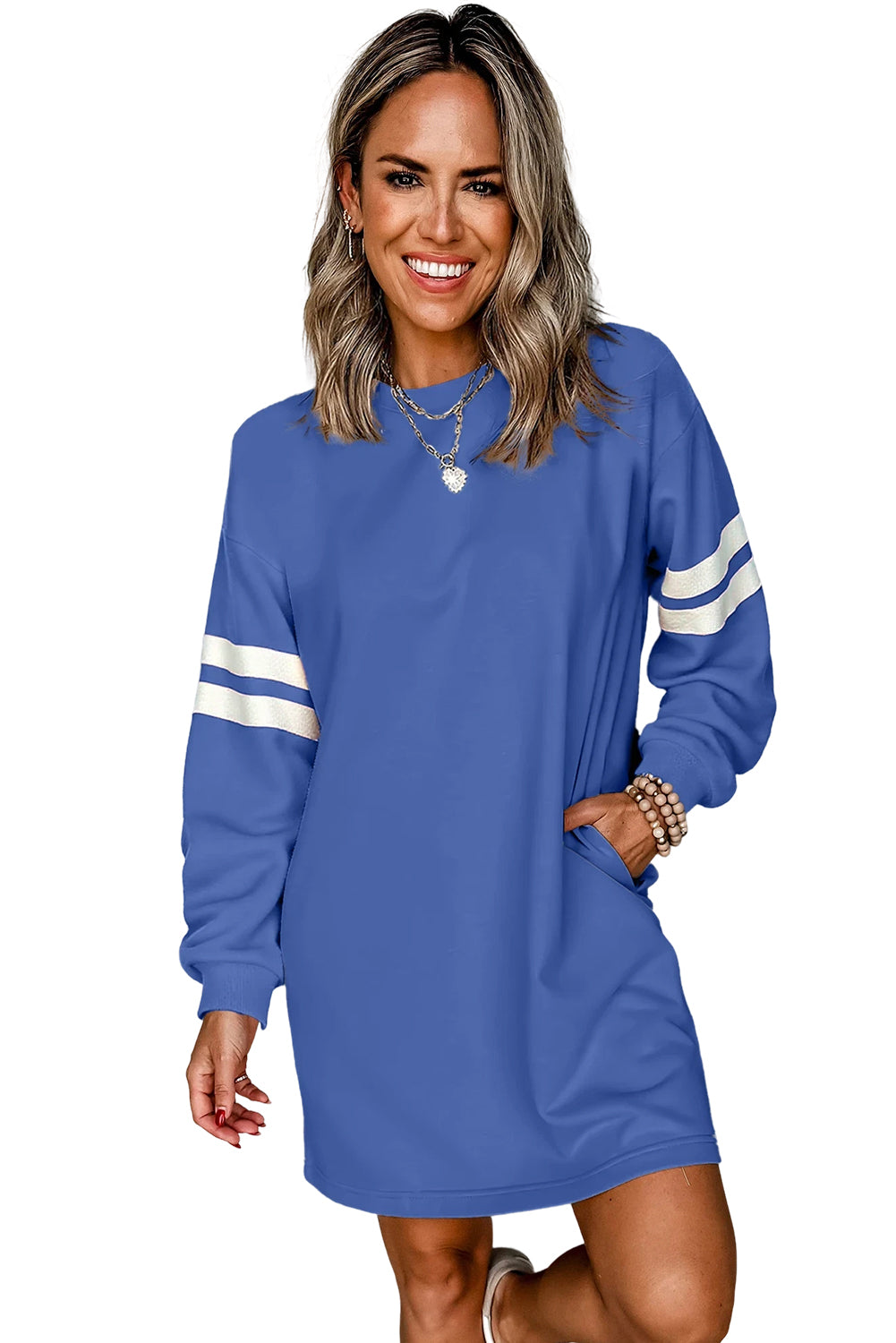 Fiery Red Preppy Striped Sleeve Loose Mini Dress