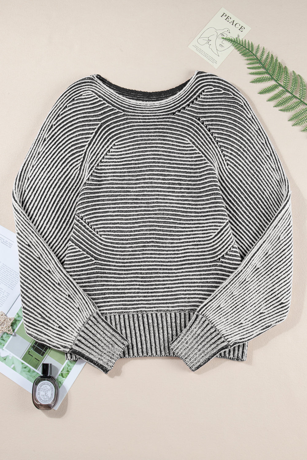 Black Striped Print Ribbed Knit Raglan Sleeve Baggy Sweater
