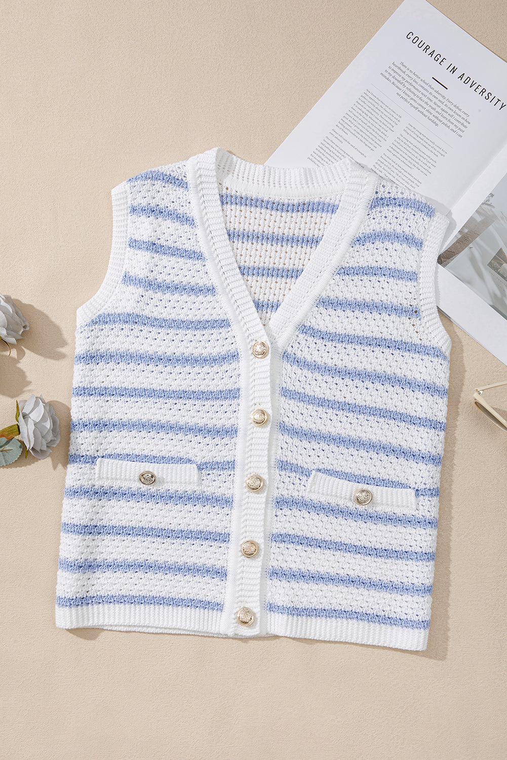 Pink Striped V Neck Button Knit Vest