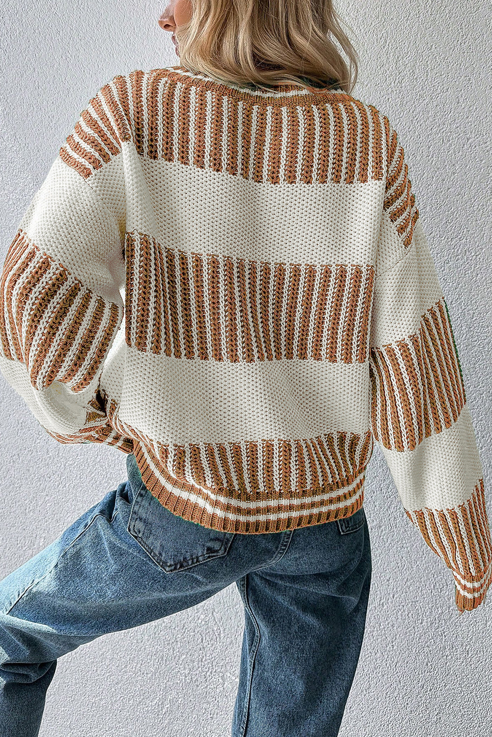 Khaki Two Tone Striped Patchwork Drop Shoulder Sweater