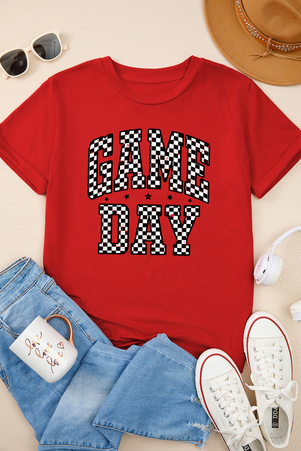 Red Checkered Game Day Heat Transfer Printing Graphic T Shirt