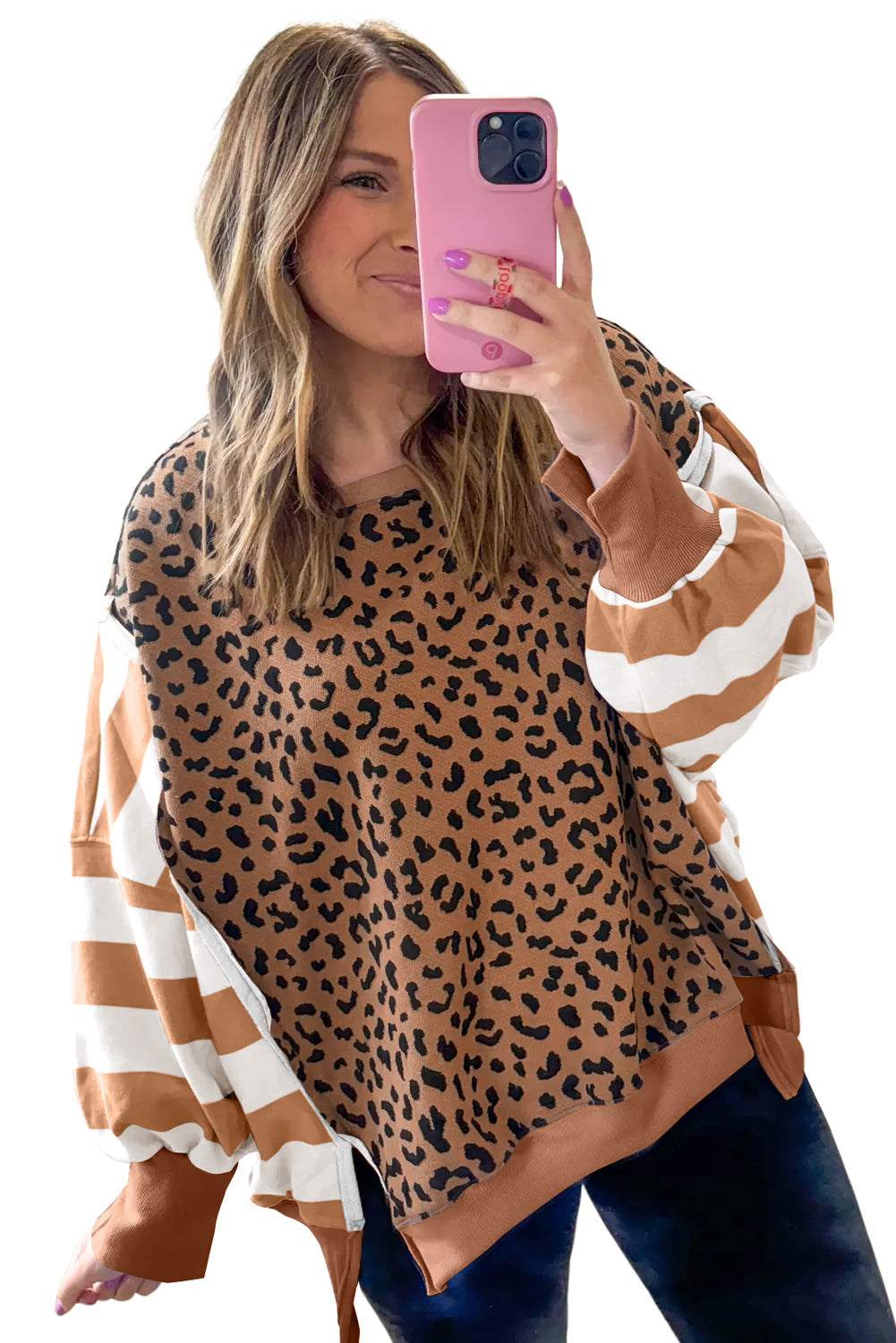 Khaki Striped Leopard Colorblock Side Slits Sweatshirt