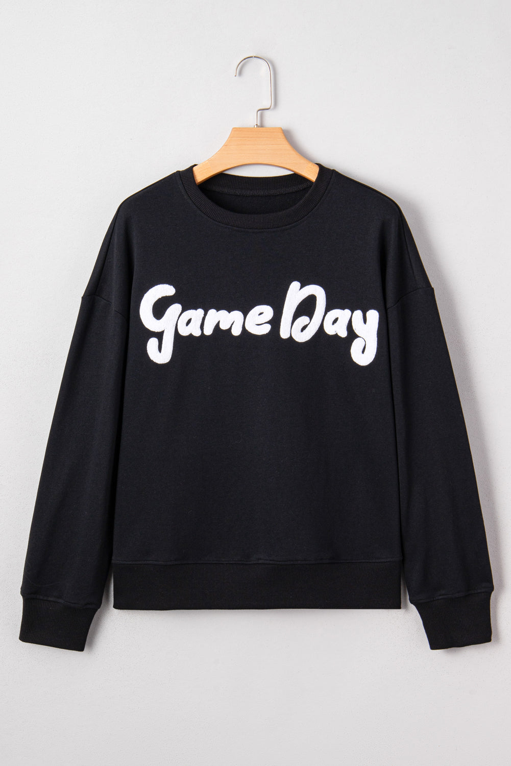 Black Chenille Game Day Letter Patched Drop Shoulder Sweatshirt