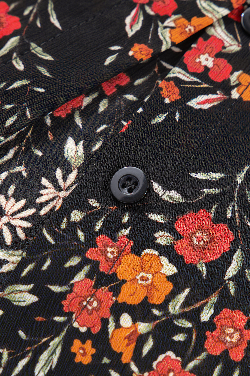 Black Floral Print Collared Button Up Puff Sleeve Shirt